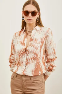 Olalook Women's Geometric Tan Patterned Woven Viscose Shirt - Image 4