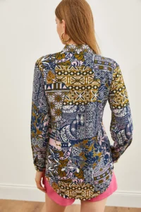 Olalook Women's Patch Navy Blue Patterned Woven Viscose Shirt - Image 2