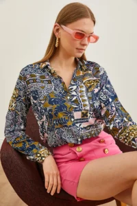 Olalook Women's Patch Navy Blue Patterned Woven Viscose Shirt - Image 3