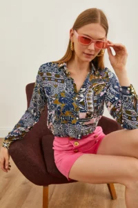 Olalook Women's Patch Navy Blue Patterned Woven Viscose Shirt - Image 5
