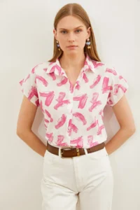 Olalook Women's Brush Fuchsia Patterned Linen Bat Shirt - Image 3