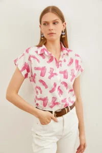 Olalook Women's Brush Fuchsia Patterned Linen Bat Shirt - Image 4