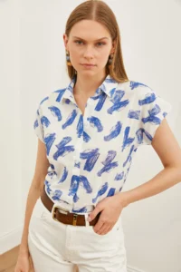 Olalook Women's Brush Navy Blue Patterned Linen Bat Shirt - Image 3