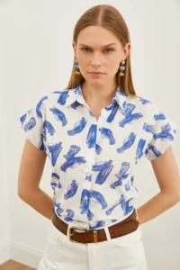 Olalook Women's Brush Navy Blue Patterned Linen Bat Shirt - Image 5