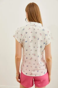 Olalook Women's Ecru Fuchsia Patterned Linen Bat Shirt - Image 2
