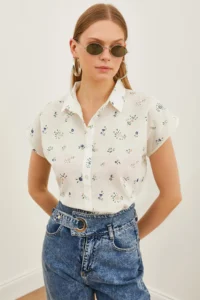 Olalook Women's Ecru Mink Patterned Linen Bat Shirt