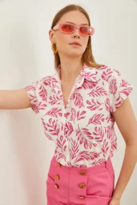 Olalook Women's Leaf Fuchsia Patterned Linen Bat Shirt
