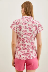 Olalook Women's Leaf Fuchsia Patterned Linen Bat Shirt - Image 2