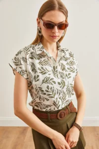 Olalook Women's Leaf Khaki Patterned Linen Bat Shirt - Image 4