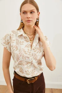 Olalook Women's Leaf Mink Patterned Linen Bat Shirt