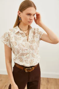 Olalook Women's Leaf Mink Patterned Linen Bat Shirt - Image 5