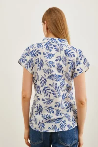 Olalook Women's Leaf Navy Blue Patterned Linen Bat Shirt - Image 2