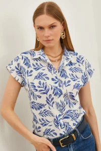 Olalook Women's Leaf Navy Blue Patterned Linen Bat Shirt - Image 6