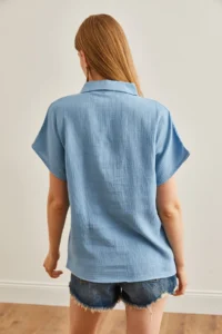 Olalook Women's Baby Blue Bat Basic Muslin Shirt - Image 2