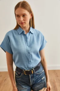 Olalook Women's Baby Blue Bat Basic Muslin Shirt - Image 3