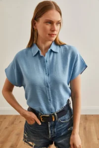 Olalook Women's Baby Blue Bat Basic Muslin Shirt - Image 4