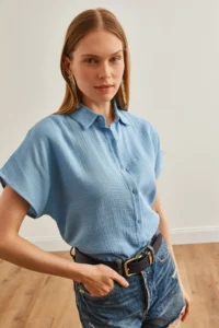 Olalook Women's Baby Blue Bat Basic Muslin Shirt - Image 5
