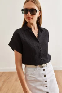 Olalook Women's Black Bat Basic Muslin Shirt