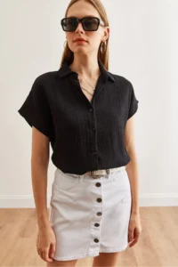 Olalook Women's Black Bat Basic Muslin Shirt - Image 3