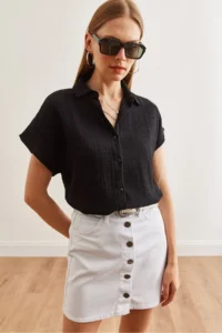 Olalook Women's Black Bat Basic Muslin Shirt - Image 4