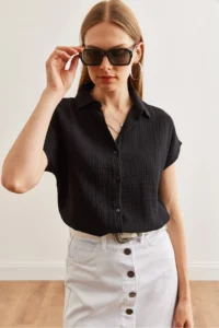 Olalook Women's Black Bat Basic Muslin Shirt - Image 5