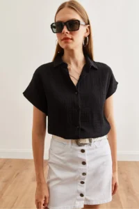 Olalook Women's Black Bat Basic Muslin Shirt - Image 7