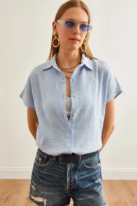 Olalook Women's Ice Blue Bat Basic Muslin Shirt