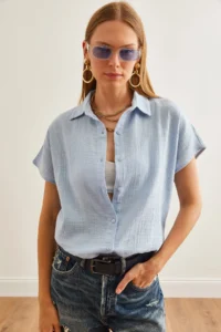 Olalook Women's Ice Blue Bat Basic Muslin Shirt - Image 3