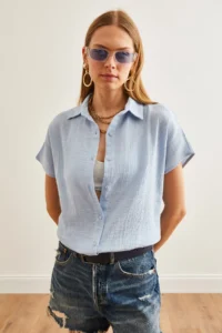 Olalook Women's Ice Blue Bat Basic Muslin Shirt - Image 4