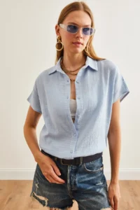 Olalook Women's Ice Blue Bat Basic Muslin Shirt - Image 5