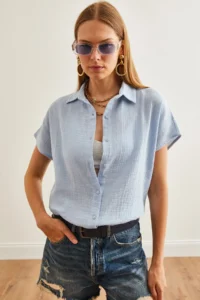 Olalook Women's Ice Blue Bat Basic Muslin Shirt - Image 6