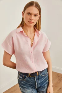 Olalook Women's Candy Pink Bat Basic Muslin Shirt