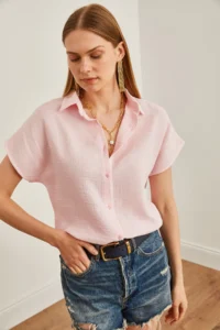 Olalook Women's Candy Pink Bat Basic Muslin Shirt - Image 2