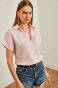 Olalook Women's Candy Pink Bat Basic Muslin Shirt - Image 3