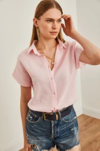 Olalook Women's Candy Pink Bat Basic Muslin Shirt - Image 4
