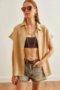 Olalook Women's Dark Beige Bat Basic Muslin Shirt