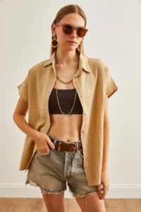 Olalook Women's Dark Beige Bat Basic Muslin Shirt - Image 3