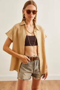 Olalook Women's Dark Beige Bat Basic Muslin Shirt - Image 4