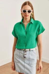 Olalook Women's Grass Green Bat Basic Muslin Shirt - Image 3
