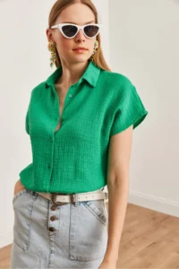 Olalook Women's Grass Green Bat Basic Muslin Shirt - Image 5