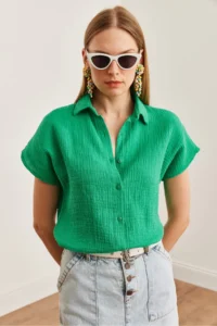 Olalook Women's Grass Green Bat Basic Muslin Shirt - Image 6