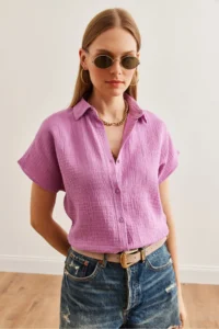 Olalook Women Purple Yarasa Basic Muslin Shirt - Image 3