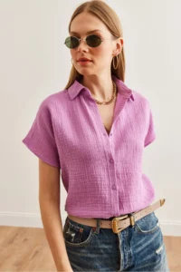 Olalook Women Purple Yarasa Basic Muslin Shirt - Image 4