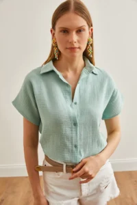 Olalook Women's Green Bat Basic Muslin Shirt - Image 3