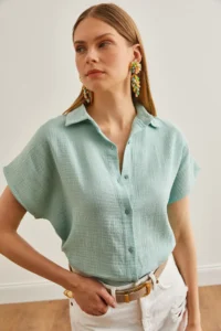 Olalook Women's Green Bat Basic Muslin Shirt - Image 4