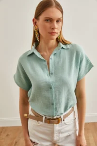 Olalook Women's Green Bat Basic Muslin Shirt - Image 5