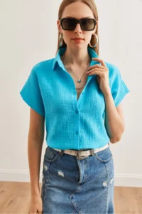 Olalook Women's Sky Blue Bat Basic Muslin Shirt