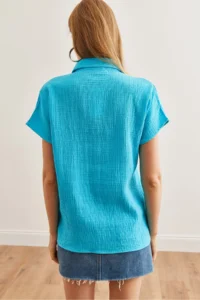 Olalook Women's Sky Blue Bat Basic Muslin Shirt - Image 2