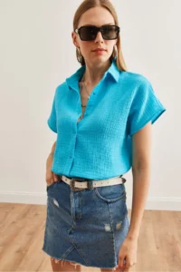 Olalook Women's Sky Blue Bat Basic Muslin Shirt - Image 3