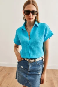 Olalook Women's Sky Blue Bat Basic Muslin Shirt - Image 4